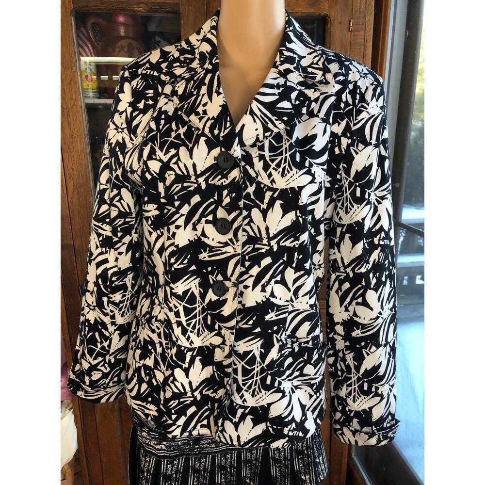 Laura Scott Black White Floral Button Casual Jacket Womens Size 10